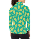 Pineapples pattern green background Women's Long Sleeve Polo Shirt