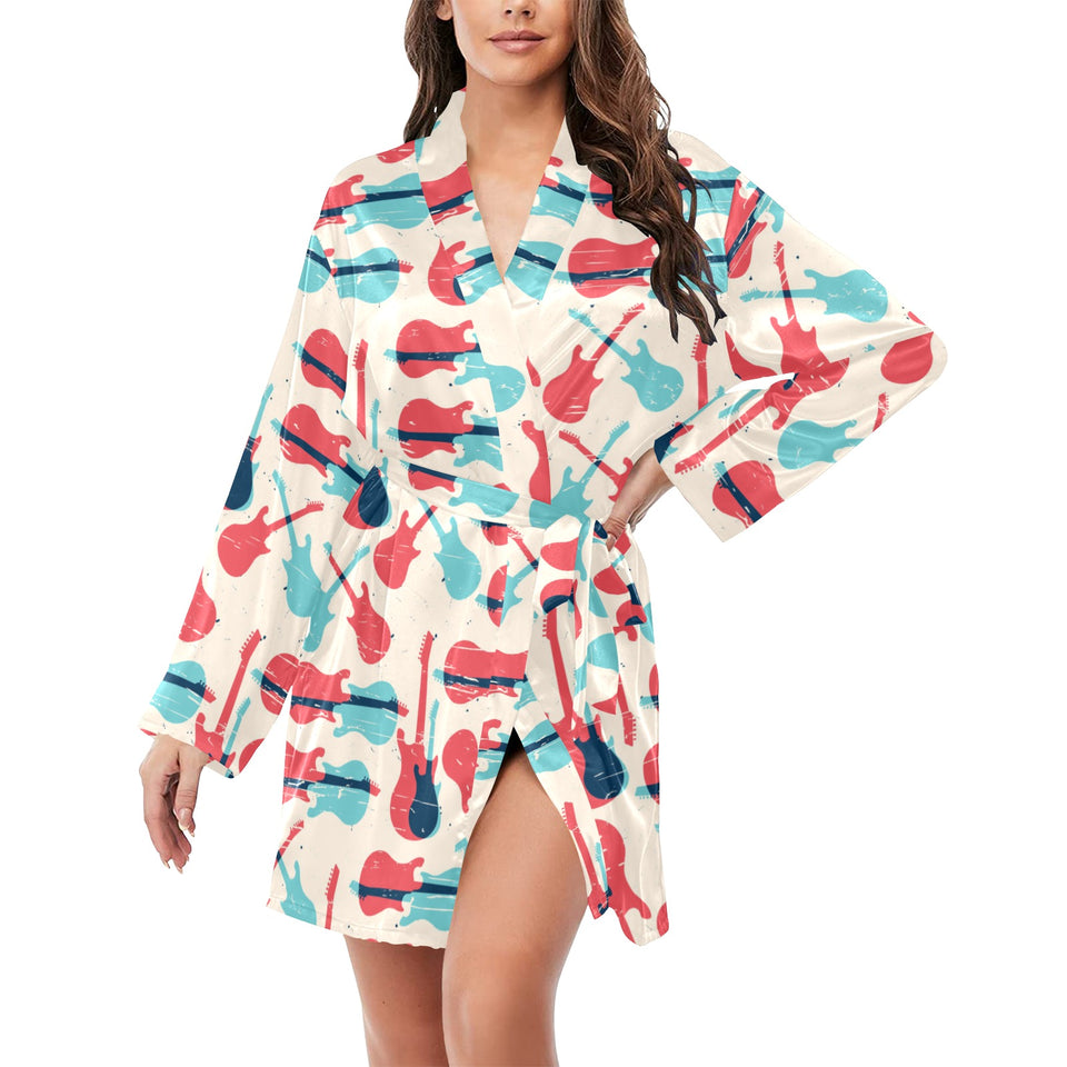 Red Blue guitar pattern Women's Long Sleeve Belted Night Robe
