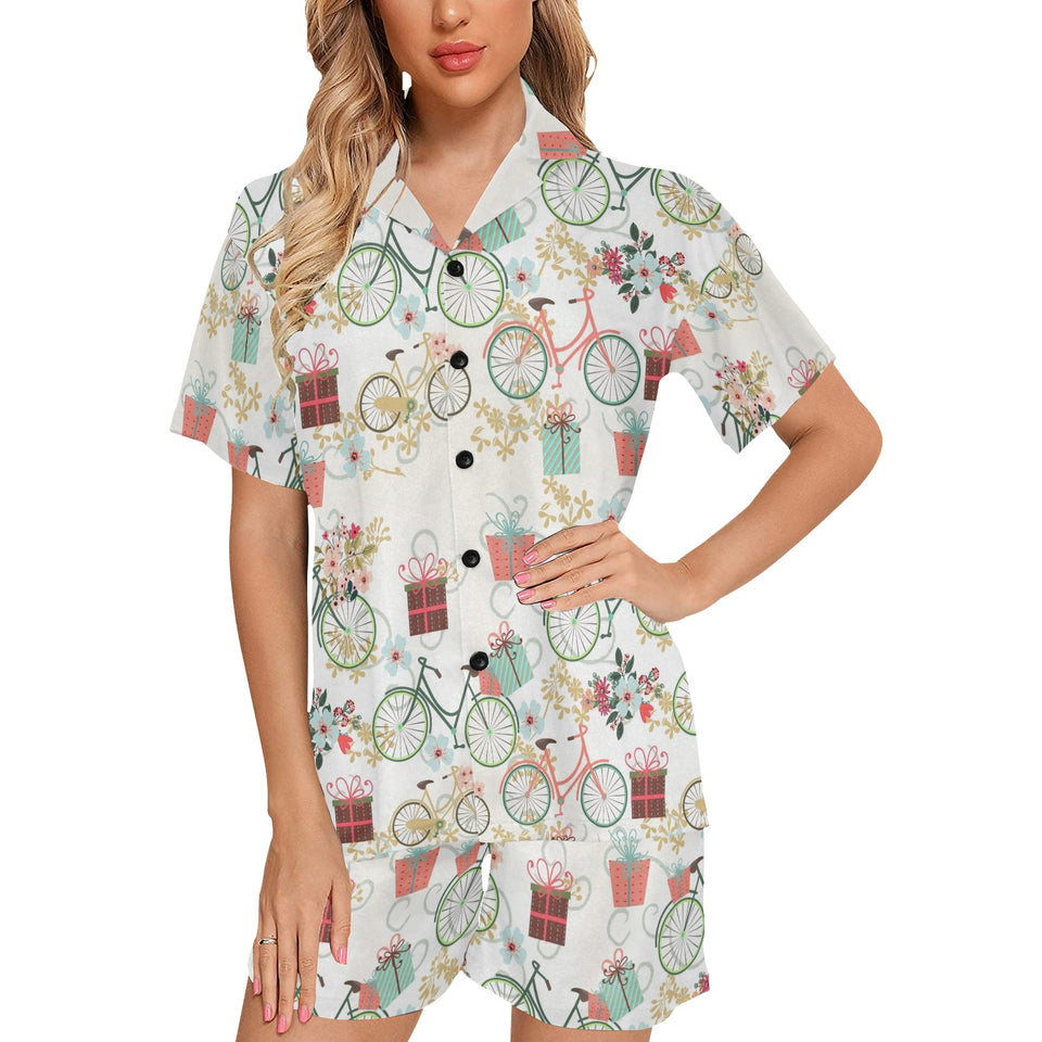 Bicycle Pattern Print Design 05 Women's V-Neck Short Pajama Set