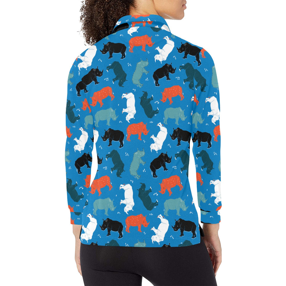 Colorful rhino pattern Women's Long Sleeve Polo Shirt