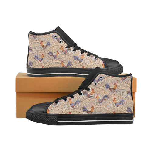 Cute rooster chicken cock floral ornament backgrou Women's High Top Canvas Shoes Black