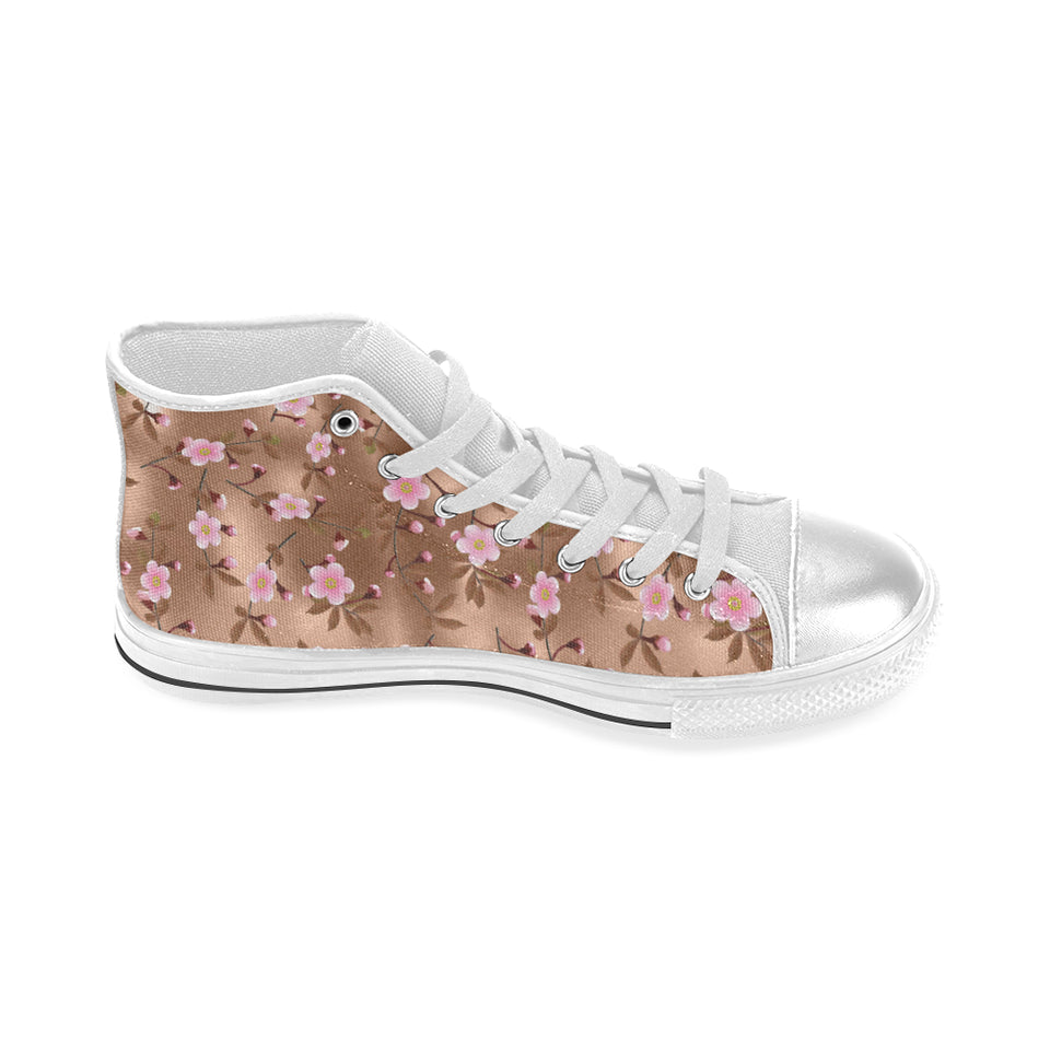 Pink sakura cherry blossom drak brown background Women's High Top Canvas Shoes White