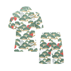 Bonsai red sun japanese pattern Men's V-Neck Short Pajama Set