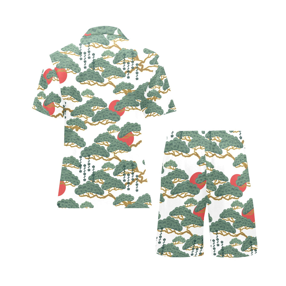 Bonsai red sun japanese pattern Men's V-Neck Short Pajama Set