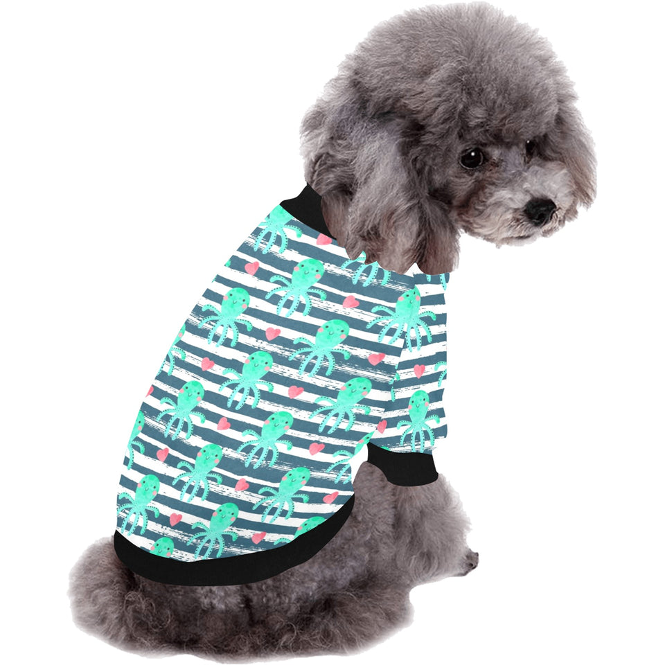 Cute octopuses heart striped background All Over Print Pet Dog Round Neck Fuzzy Shirt