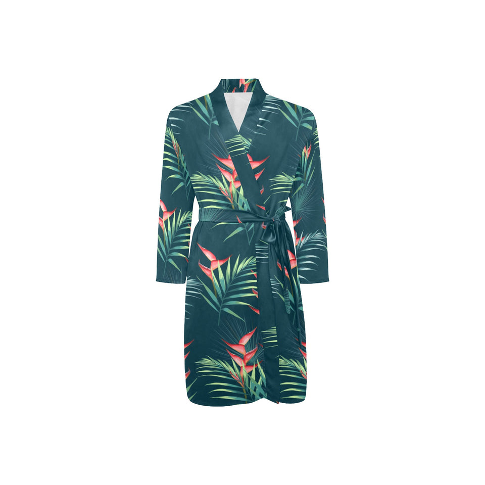 heliconia flowers, palm and monstera leaves on bla Men's Long Sleeve Belted Night Robe