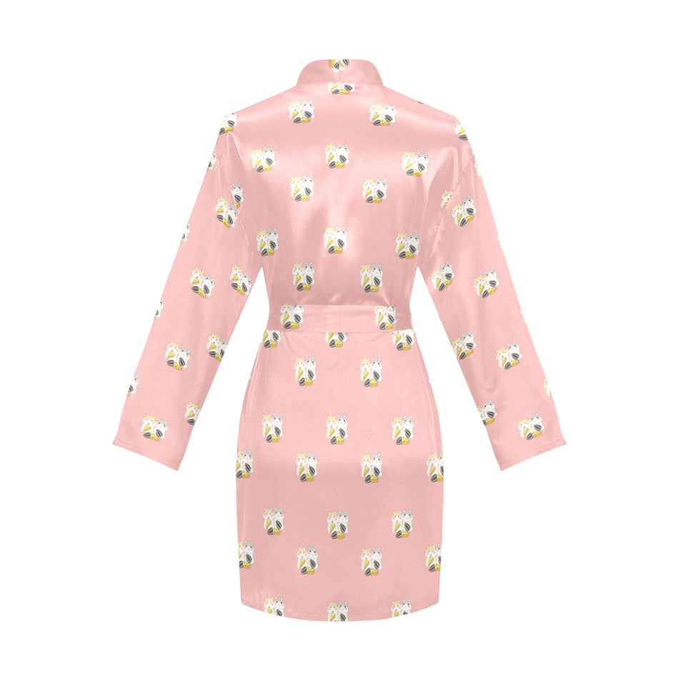 Cute hamster cheese pattern pink background Women's Long Sleeve Belted Night Robe
