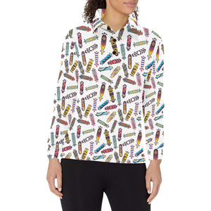 Skate Board Pattern Print Design 05 Women's Long Sleeve Polo Shirt