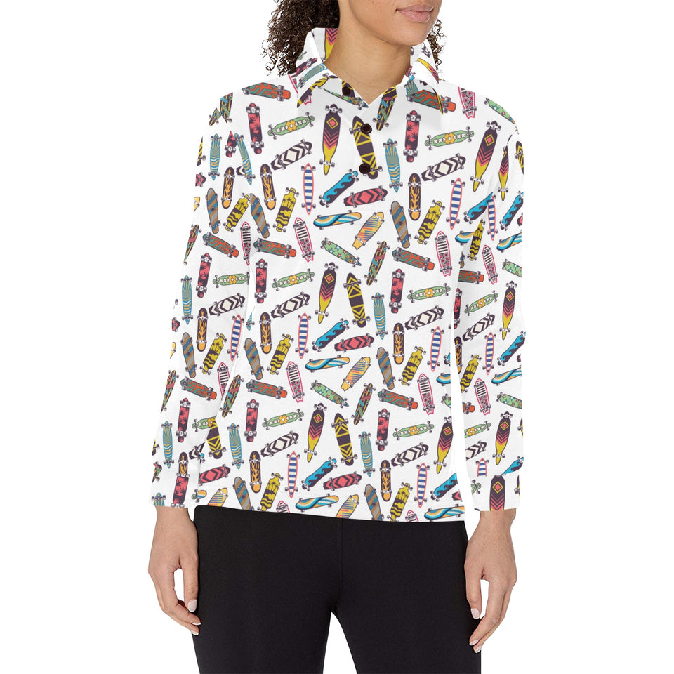 Skate Board Pattern Print Design 05 Women's Long Sleeve Polo Shirt