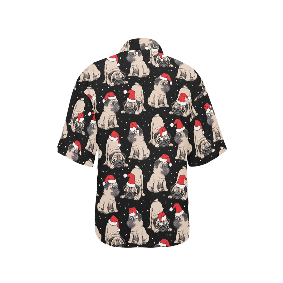 Christmas Pugs Santa_s red cap pattern Women's All Over Print Hawaiian Shirt