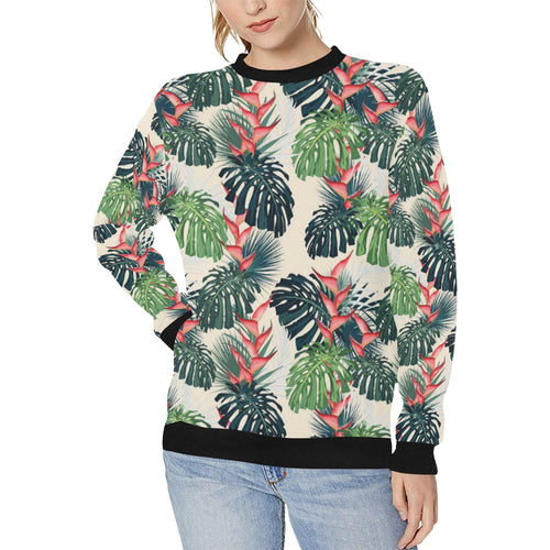 heliconia flowers, palm and monstera leaves Women's Crew Neck Sweatshirt