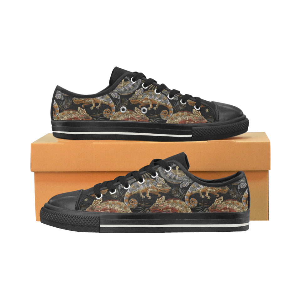 Chameleon lizard tropical leaves palm tree Men's Low Top Canvas Shoes Black