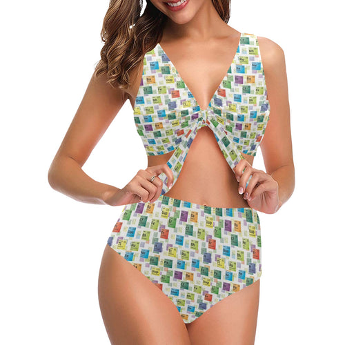 Chemistry Periodic Table Pattern Print Design 05 Chest Bowknot High Waisted Bikini Swimsuit