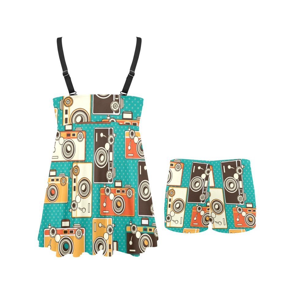 Camera Pattern Print Design 03 Chest Sexy Pleated Two Piece Swim Dress