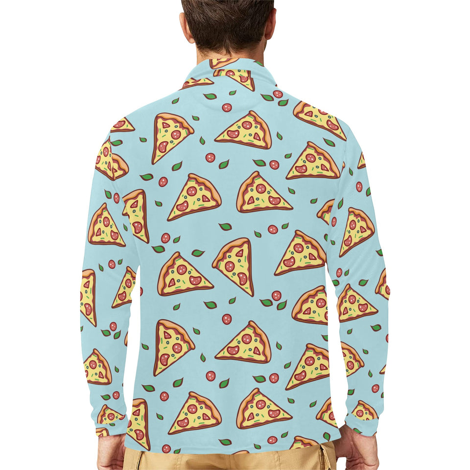Hand drawn pizza blue background Men's Long Sleeve Polo Shirt