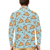 Hand drawn pizza blue background Men's Long Sleeve Polo Shirt
