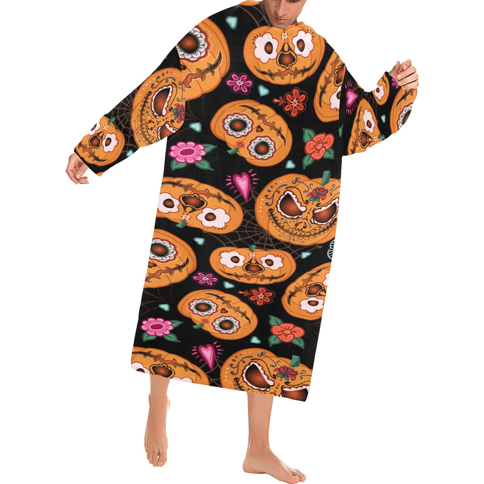 Pumpkin flowers spiderweb Halloween theme Blanket Robe with Sleeves