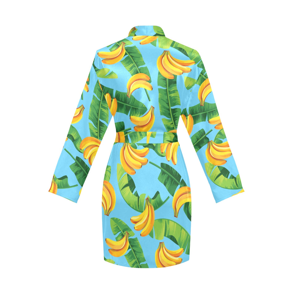 banana leaves banana design pattern Women's Long Sleeve Belted Night Robe