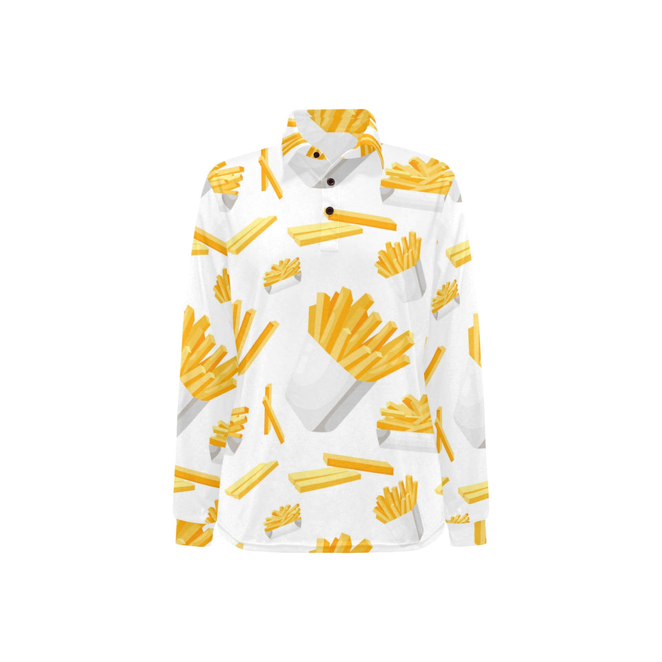 French fries white paper box pattern Women's Long Sleeve Polo Shirt