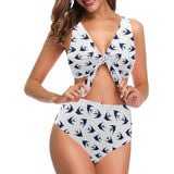 Swallow Pattern Print Design 03 Chest Bowknot High Waisted Bikini Swimsuit
