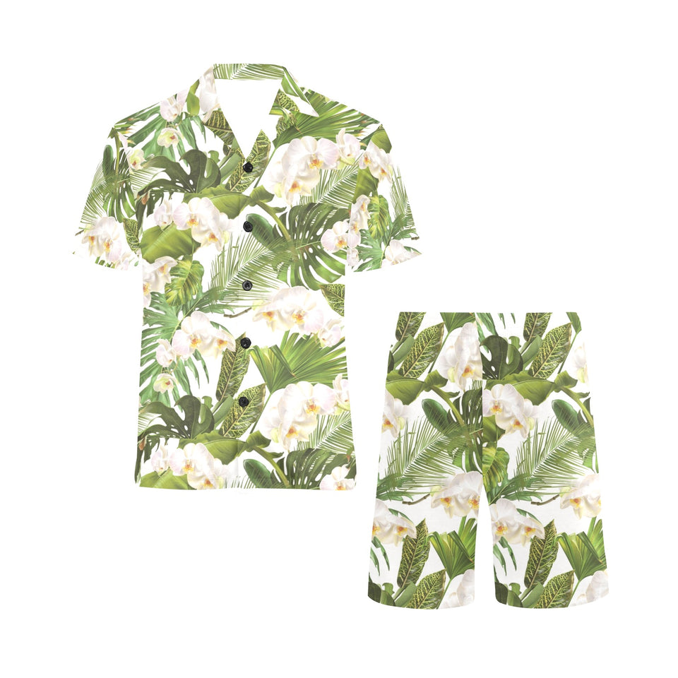 White orchid flower tropical leaves pattern Men's V-Neck Short Pajama Set