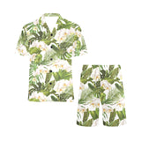 White orchid flower tropical leaves pattern Men's V-Neck Short Pajama Set