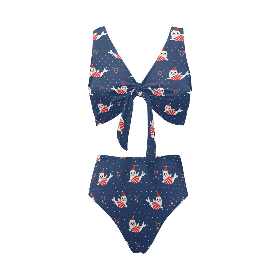 Cute sea lion seal christmas hat candy cane heart Chest Bowknot High Waisted Bikini Swimsuit