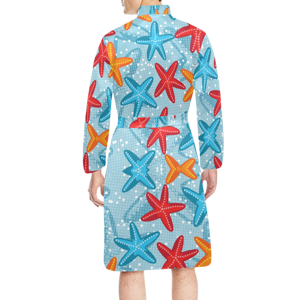 Blue red orange starfish pattern Men's Long Sleeve Belted Night Robe