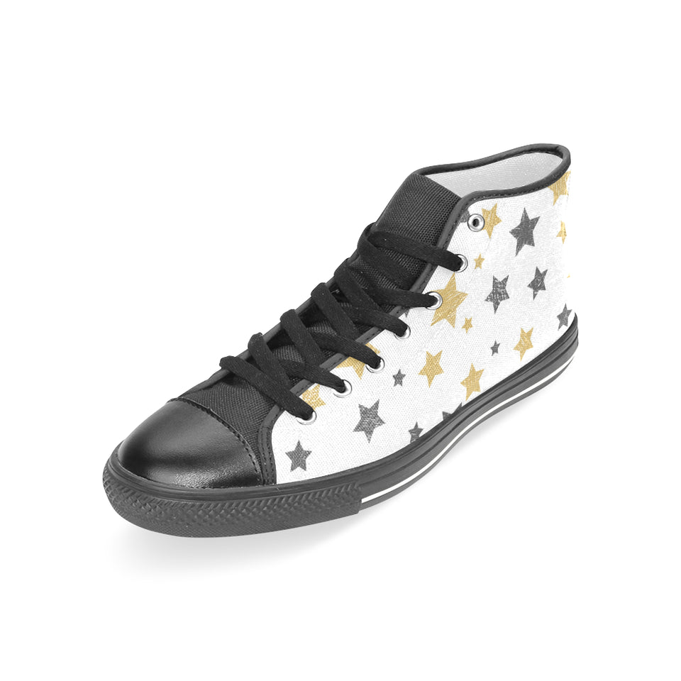 hand drawn gold black star pattern Women's High Top Canvas Shoes Black
