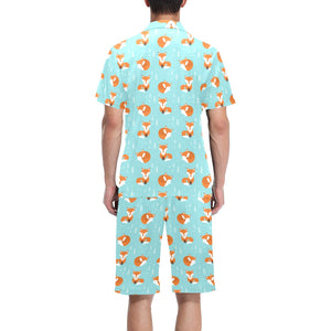 Fox pattern blue b ackground Men's V-Neck Short Pajama Set