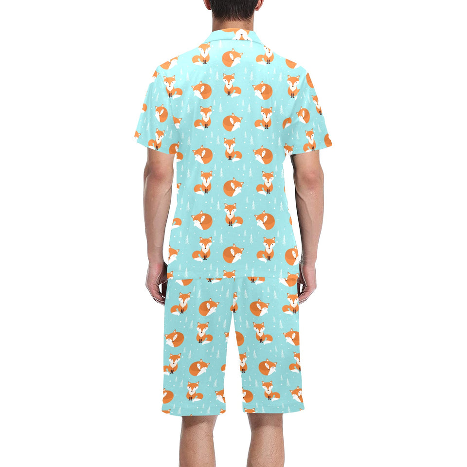 Fox pattern blue b ackground Men's V-Neck Short Pajama Set