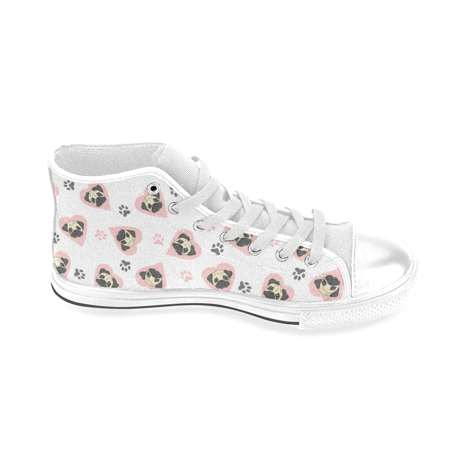 Cute pugs pink heart paw pattern Men's High Top Canvas Shoes White