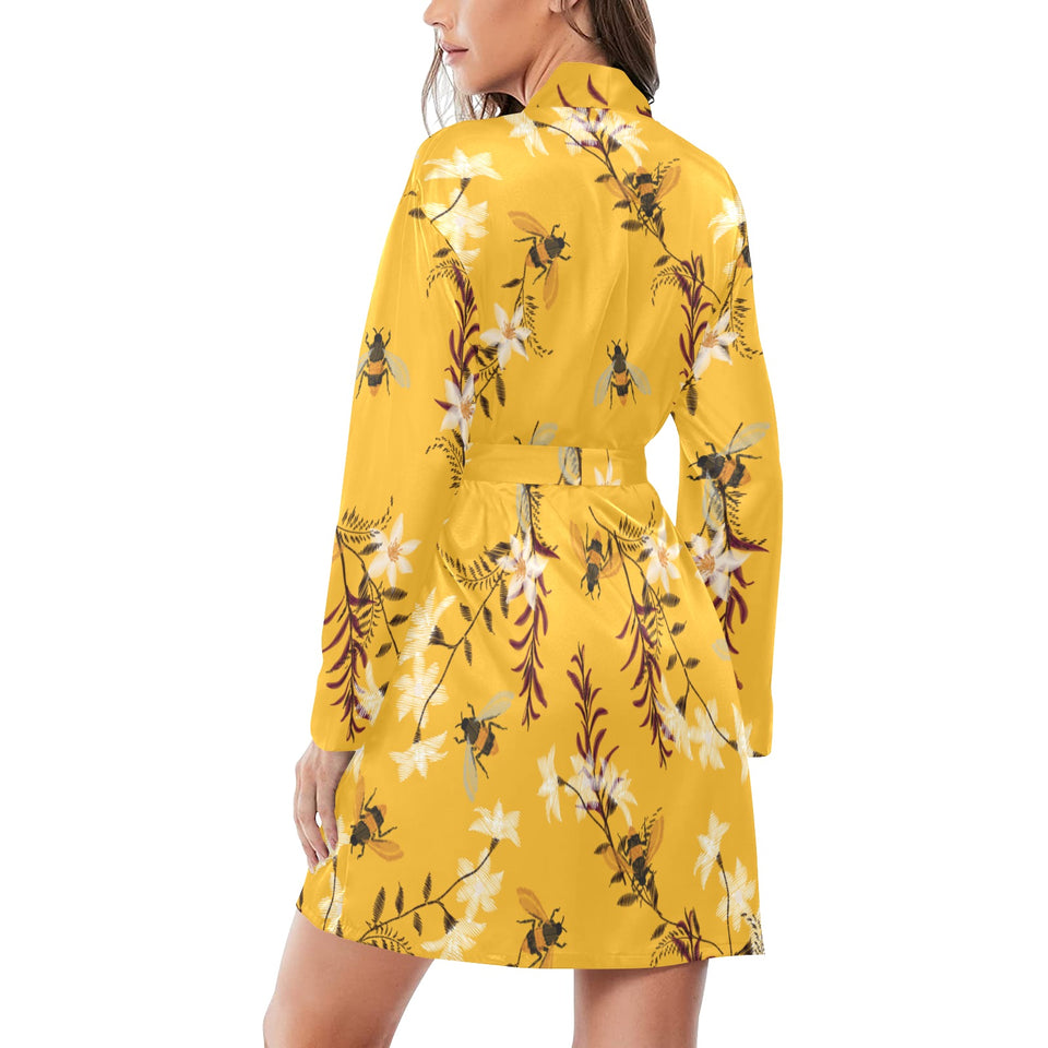 Bee flower pattern Women's Long Sleeve Belted Night Robe