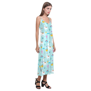 Llama alpaca cactus leaves pattern V-Neck Open Fork Long Dress