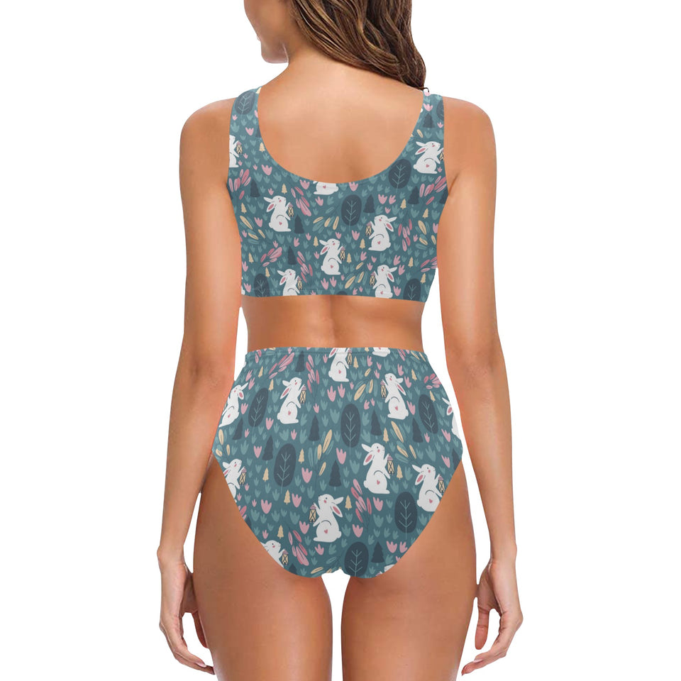 Cute rabbit pattern Chest Bowknot High Waisted Bikini Swimsuit