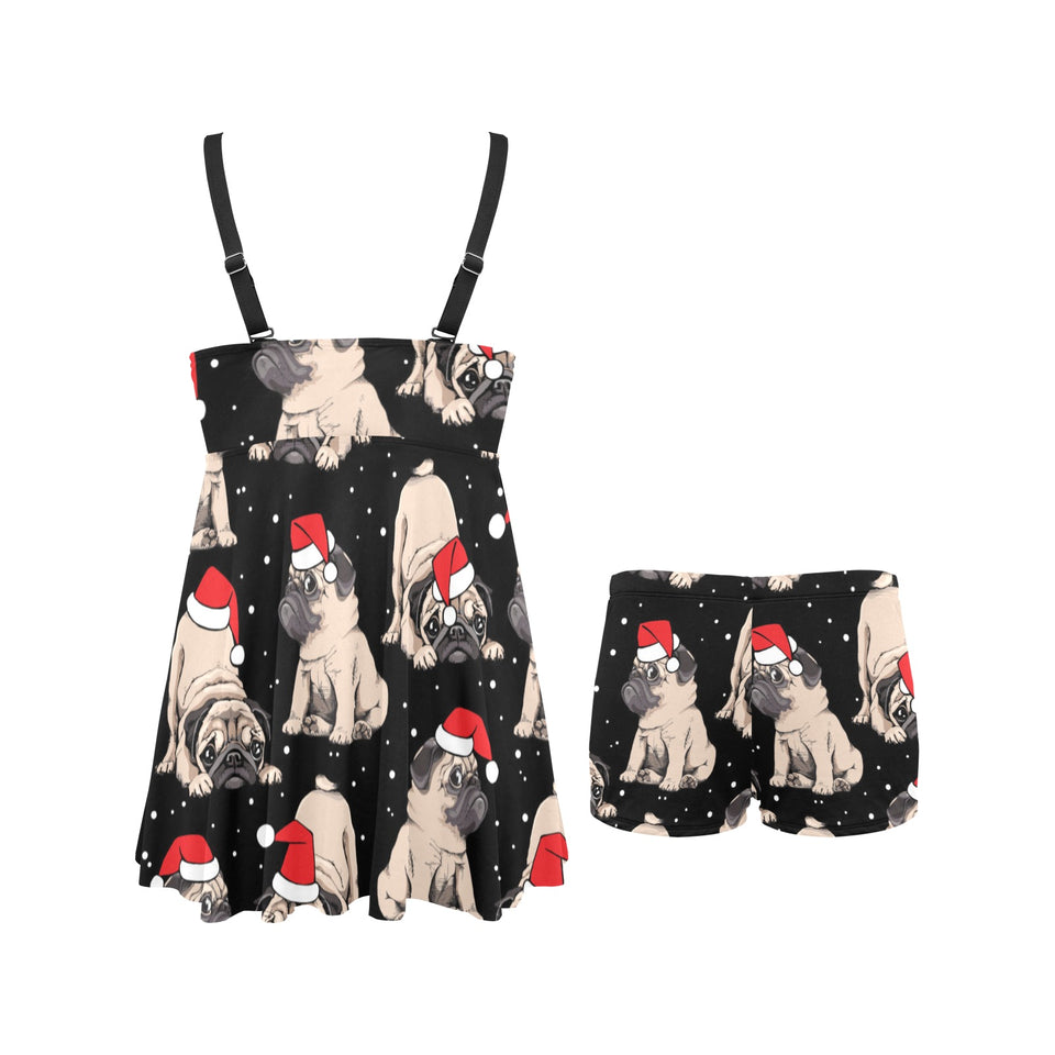 Christmas Pugs Santa_s red cap pattern Chest Sexy Pleated Two Piece Swim Dress