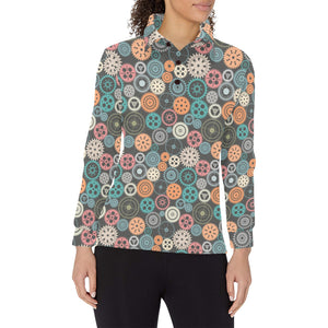 Gear Pattern Print Design 05 Women's Long Sleeve Polo Shirt