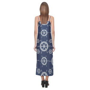 nautical steering wheel design pattern V-Neck Open Fork Long Dress
