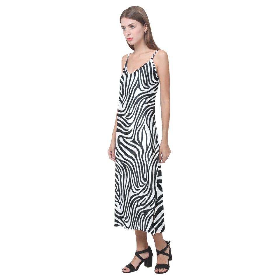 Zebra skin pattern V-Neck Open Fork Long Dress