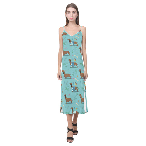 Dachshund decorative background V-Neck Open Fork Long Dress