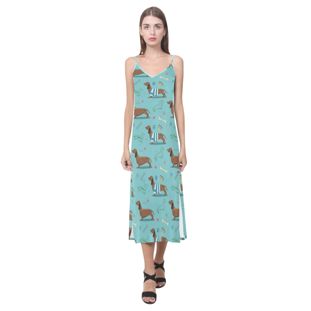Dachshund decorative background V-Neck Open Fork Long Dress