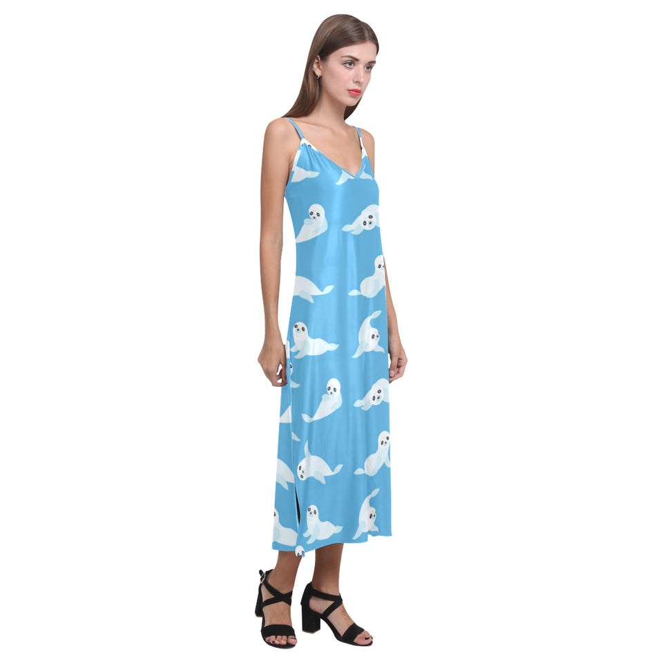 Cute sea lion seal pattern background V-Neck Open Fork Long Dress
