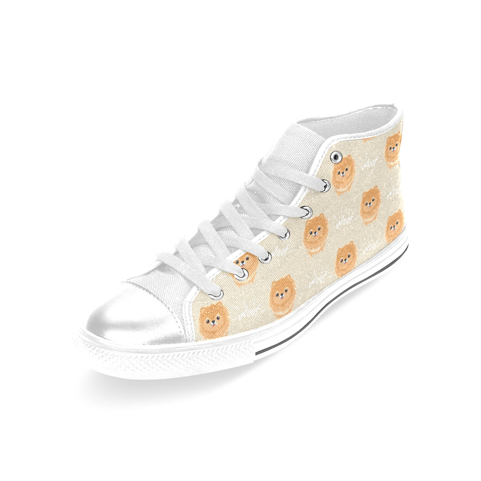 Cute brown pomeranian puppy on blue Women's High Top Canvas Shoes White