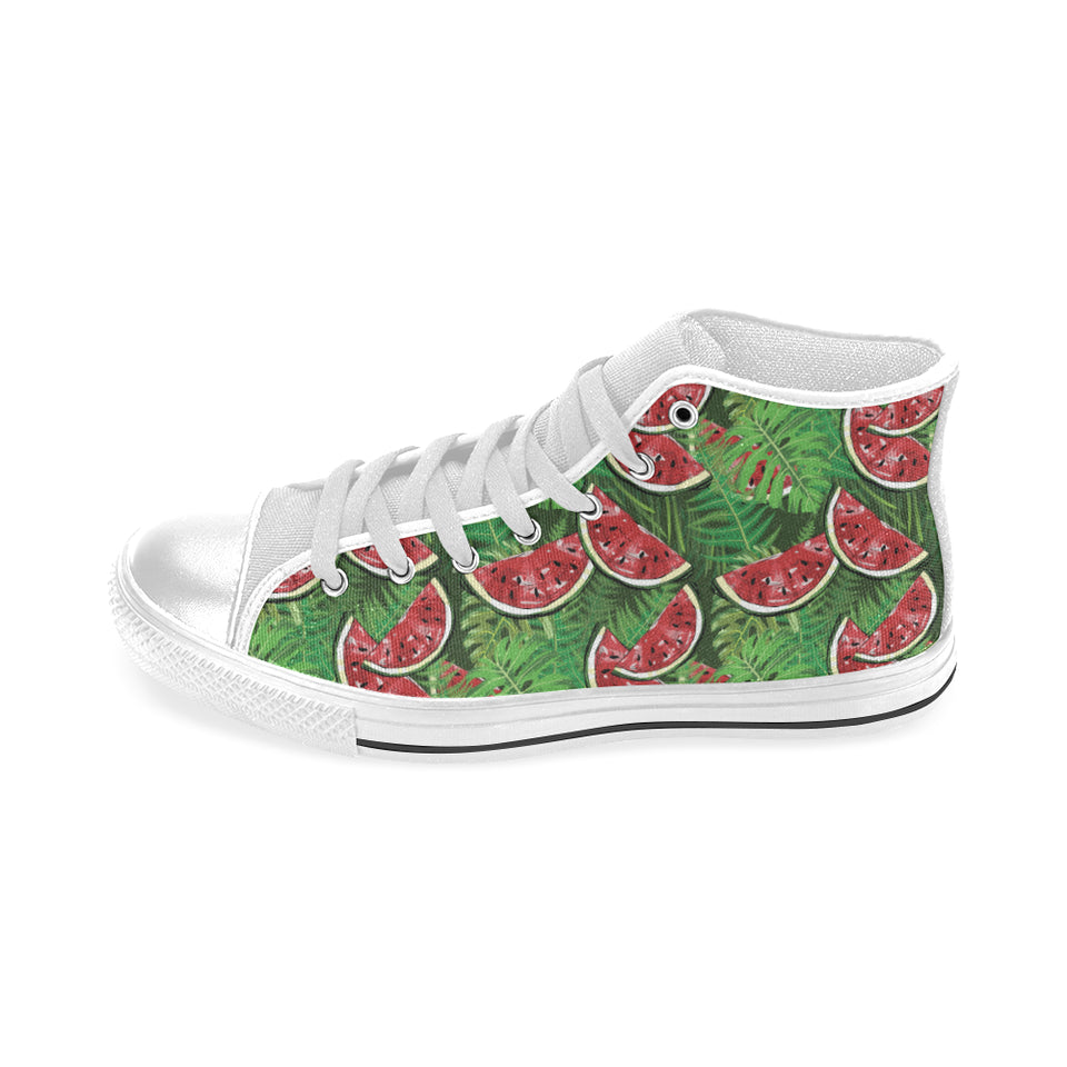 Watermelons tropical palm leaves pattern backgroun Men's High Top Canvas Shoes White