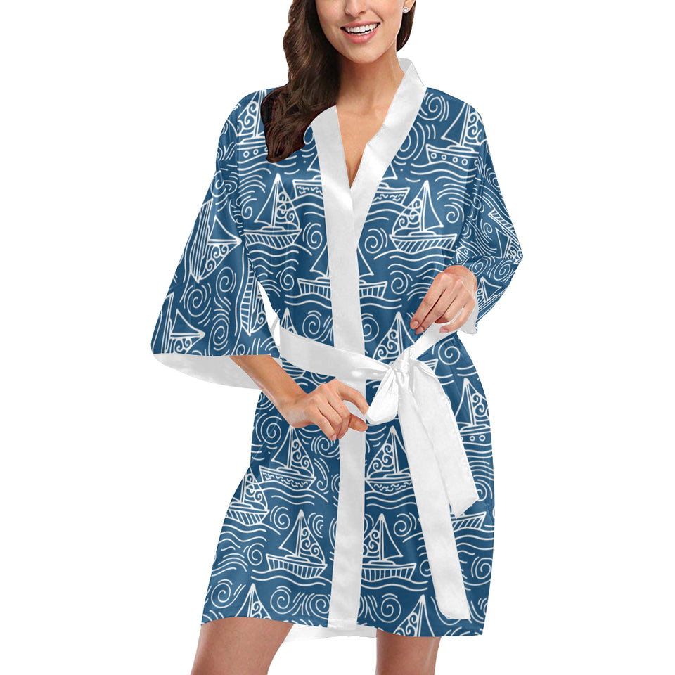 Hand drawn sailboat pattern Women's Short Kimono Robe