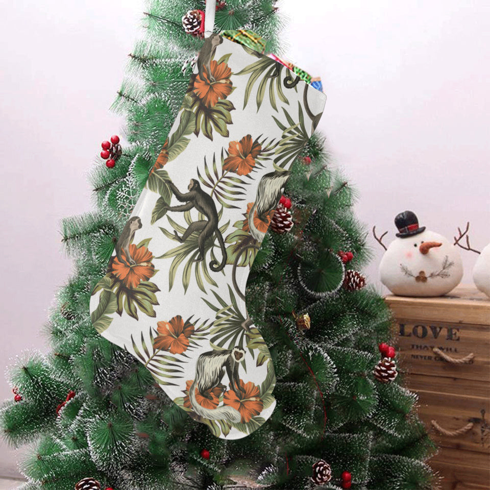 Monkey red hibiscus flower palm leaves floral patt Christmas Stocking