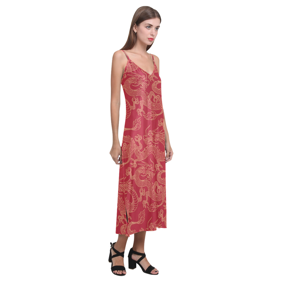 Gold dragons red background V-Neck Open Fork Long Dress
