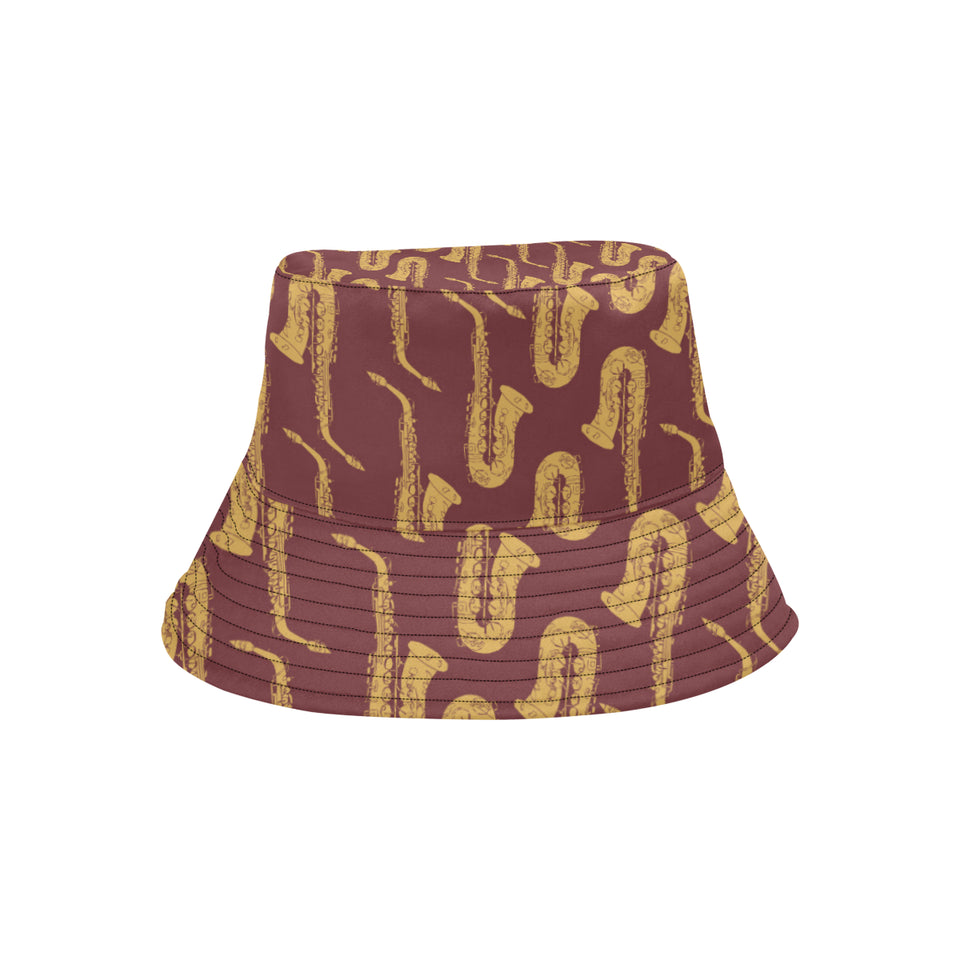 Hand drawn gold saxophone red background Unisex Bucket Hat