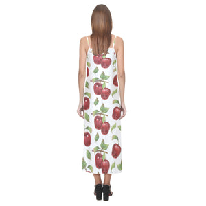 Red apples pattern V-Neck Open Fork Long Dress