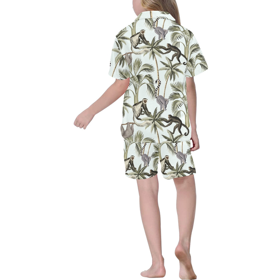 Monkey sloth lemur palm trees pattern Kids' Boys' Girls' V-Neck Short Pajama Set